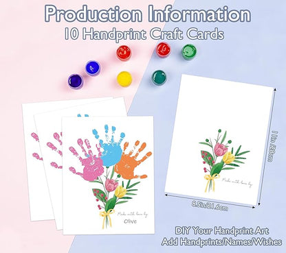 Flower Bouquet Handprint Art Craft Kit Birthday Gifts for Mom & Grandma, 10pcs DIY Baby Hand and Foot Print Greeting Cards, Mothers Day Crafts for Home Party Activities, Newborn Keepsake