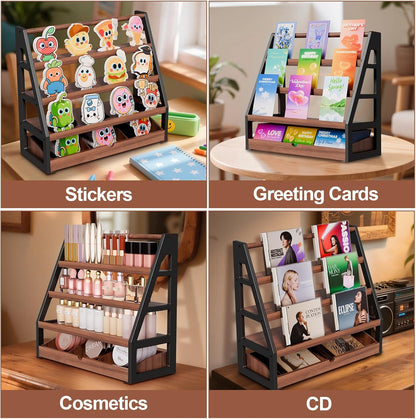 handrong Card Display Stand,3-Tier Trading Card Display with Drawer,Wooden Graded Baseball Sports Cards Holder,Greeting Cards Stand for Collection,Vendor & Show (Brown)