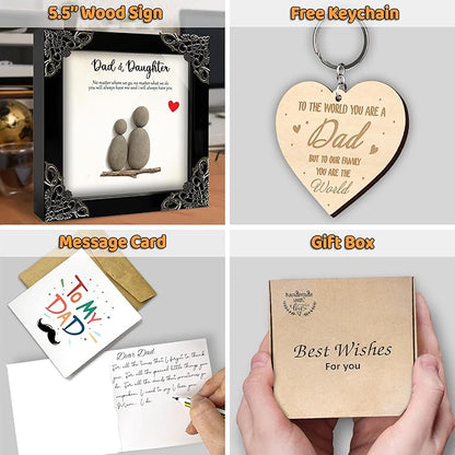Dads Gifts from Daughter, 4.7" Pebble Art Frame Dad & Daughter Plaque, Engraved Daddy Keychain, Thank You Card, Best Dad Ever Gift Set, Birthday Gift for Husband, Fathers Day Present S199-47