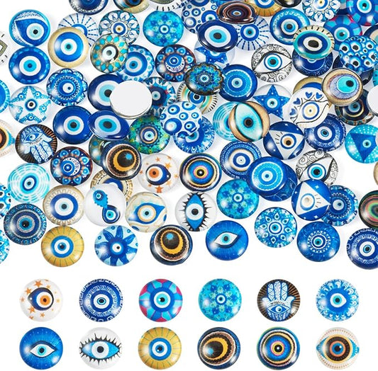 Craftora 100Pcs 12mm Transparent Evil Eye Glass Cabochons Mixed Blue Eyes Cameo Dome Tiles Flat Back Glass Covered Dome Tiles for DIY Bracelets Necklace Scrapbooking Art Crafts