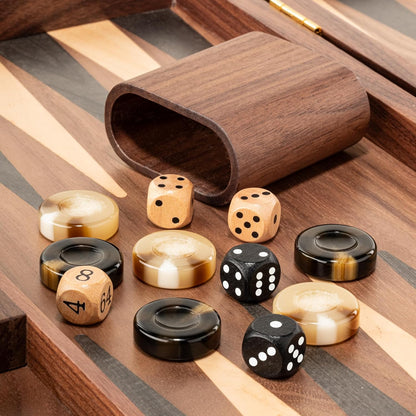 14.5” Premium Natural Walnut Folding Backgammon Sets for Adults and Kids, Including 30 Artificial Horn Checkers, 2 Walnut Dice Cups, and 5 Wooden Dice/Classic Two-Player Strategy Board