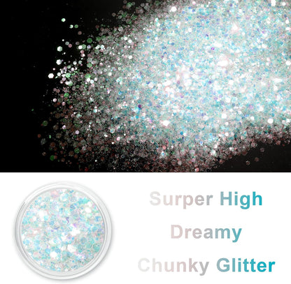 Renfio Opal Chunky Glitter, 1.58oz/45g White Glitter, Dreamy High Sparkle Glitter for Crafts Holographic Fine Glitter Mix Iridescent Glitters Flake for Resin Nails Art Hair DIY Snow Globe - Ocean Wave