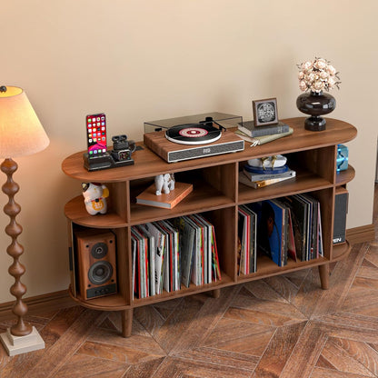 Large Round Record Player Stand with Charging Station & USB Ports，Record Storage Cabinet, Mid Century Modern Turntable Stand for Bedroom Living Room (Walnut)