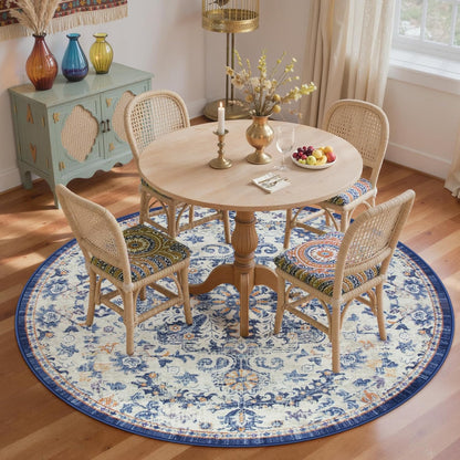 Lahome Bohemian Washable Round Rugs 6ft, Large Circle Rug for Living Room Bedroom, Soft Non-Slip Non-Shedding Loe Pile Printed Indoor Carpet for Kitchen Dining Room Office, Blue Purple/Multi
