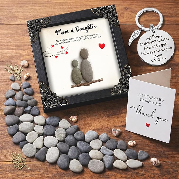 Mothers Day Mom Gifts from Daughters – 5.5" Pebble Art Frame Mothers Day Plaque, Engraved Mom Keychain, Card – Birthday Gift Set for Moms, Mother, Mama from Daughter Son, Best Mum Ever Keepsake S15-55