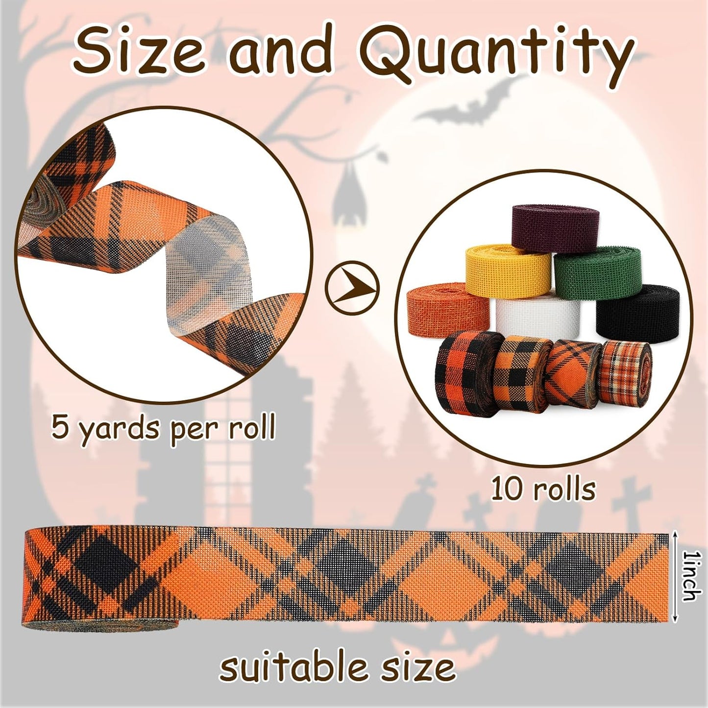 10 Rolls 50 Yard Halloween Plaid Burlap Ribbon Rolls 1 Inch Gift Wrapping Ribbon Decorative for DIY Crafts Wreath Bow Making Supplies Home Decor - Crafty Corner