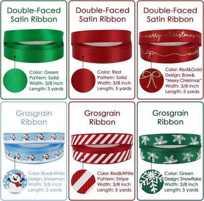 MEEDEE Christmas Ribbon 3/8 inch Thin Holiday Ribbon Set in Red, Green, White, Gold & Silver Color 12 Rolls 60 Yards Perfect for Gift Wrapping, Xmas Wreath Decor, Garlands, and Holiday Crafts - Crafty Corner