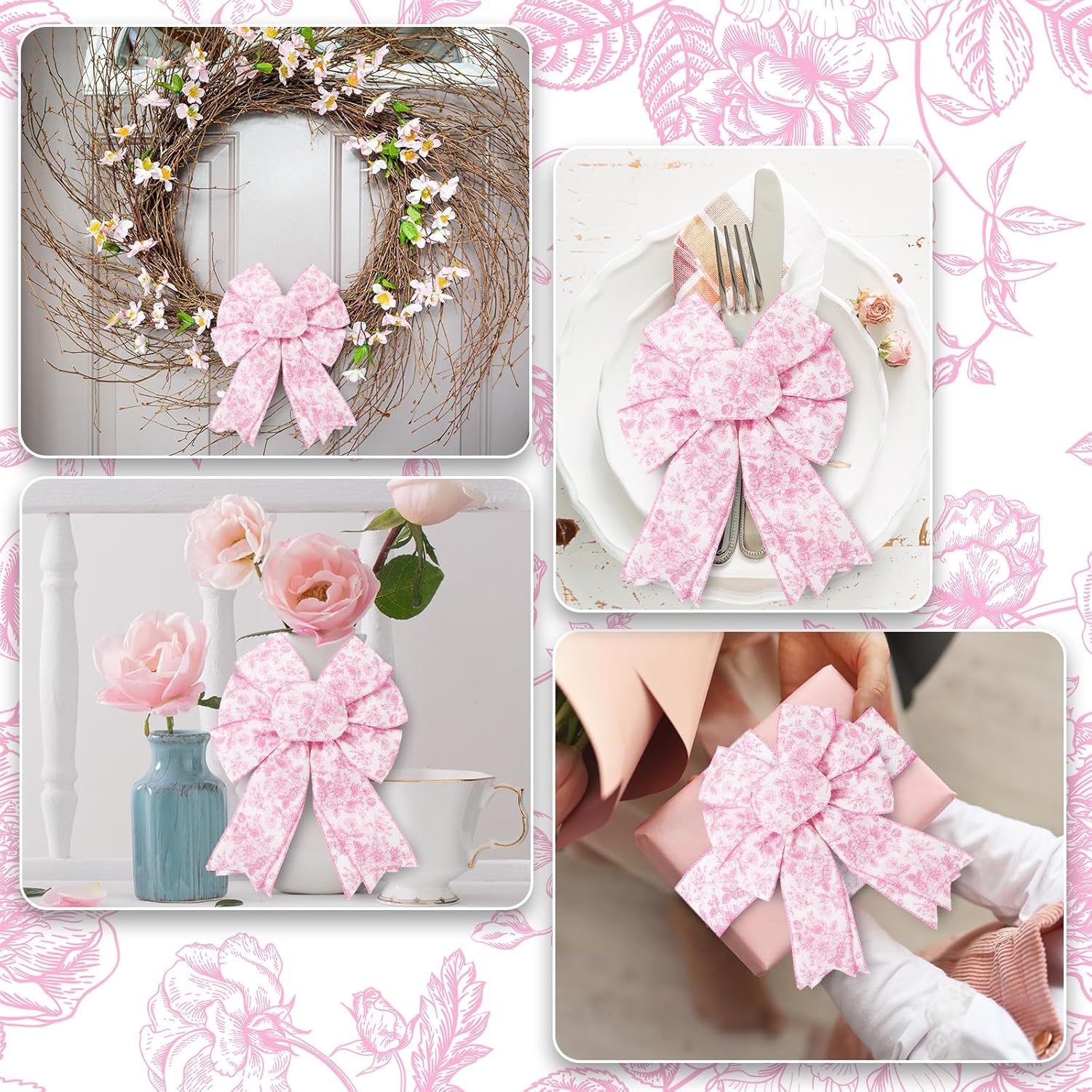 AnyDesign Floral Wired Edge Ribbon Roll Pink Flower Ribbon Chinoiserie Fabric Ribbon for Wreath Bow Making DIY Crafts Gift Wrapping, 12 Yard - Crafty Corner