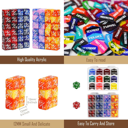 110PCS MTG Keywords Tokens & 12mm Dice Counter for Magic The Gatering, Bulk Ability Tokens MTG Life Counters D20 Loyalty 6 Sided Dice, Compatible with TCG CCG Magic Card Gaming Accessories