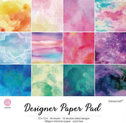 36 sheets 12x12 Paper Pad Pack Scrapbook Cardstock Decorative Paper - Shimmer Watercolor- for Card Making Journaling Planner Origami Scrapbook Paper Scrapbooking Supplies - Crafty Corner