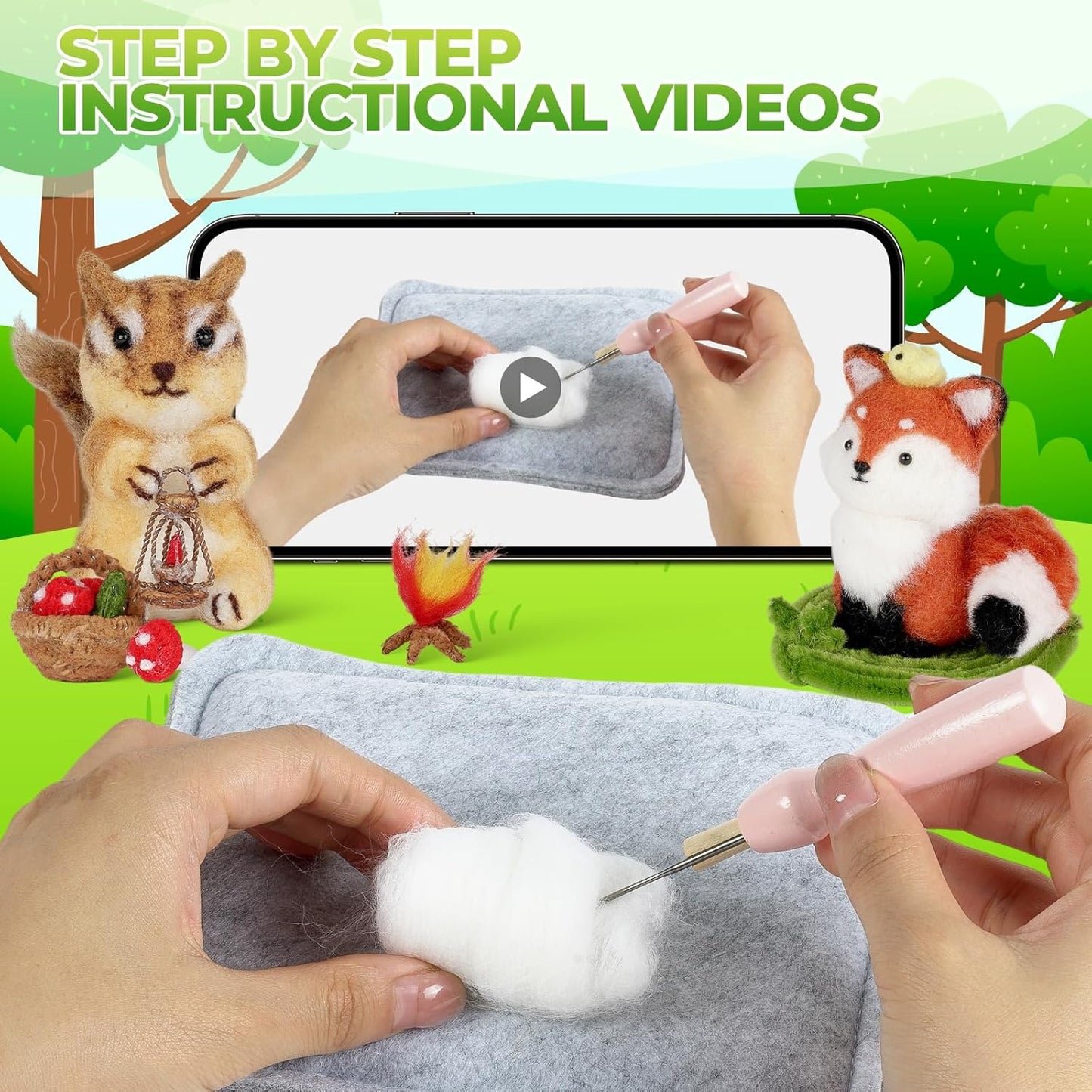 MOREJMTT Needle Felting Kit, 5 PCS Animal Needle Felting Beginner Kits, Wool Felt Needle Felting Tools Foam Pad, Craft Party Supplies for Beginners Adult(Forest Animals)