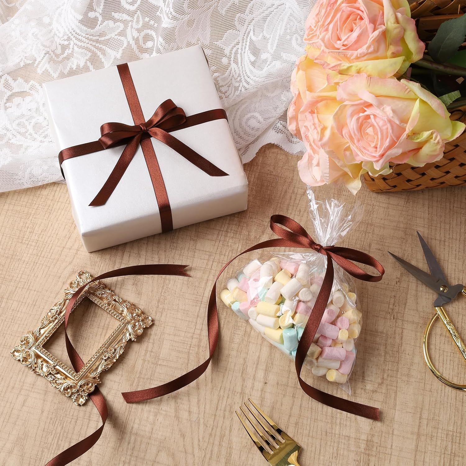 LaRibbons Brown Satin Ribbon 3/8 Inch 50 Yards Thin Luxury Double Faced Firar Brown Silk Ribbon for Flower Bouquet Crafts Gift Wrapping Wedding Christmas Decoration - Crafty Corner