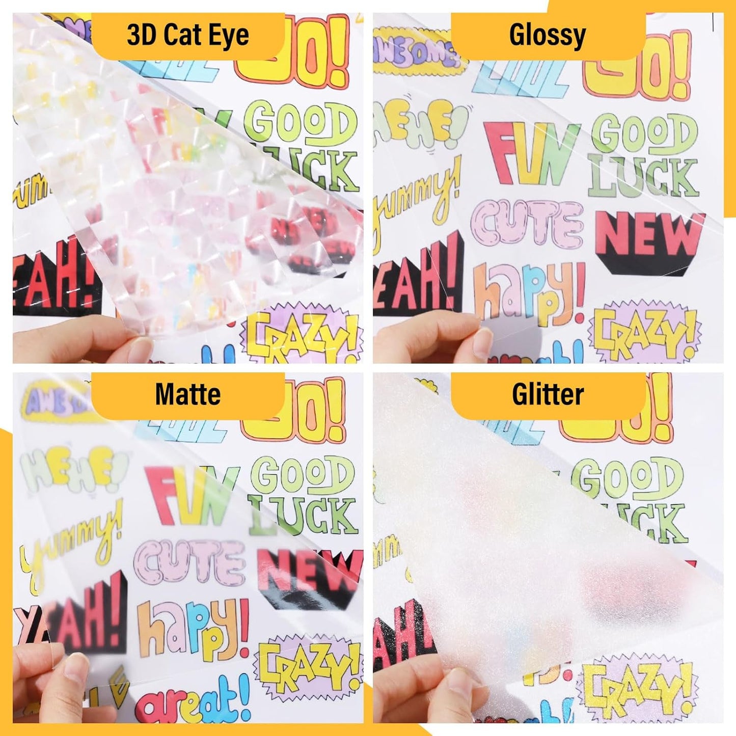 TECKWRAP Laminating Sheets Clear Vinyl Laminate Sheets Sticker Paper for Inkjet Printer Printable Vinyl Stickers, Photo Paper 8.26" x 11.69" A4 28 Sheets (3D Cat Eye, Glitter, Glossy, Matte)