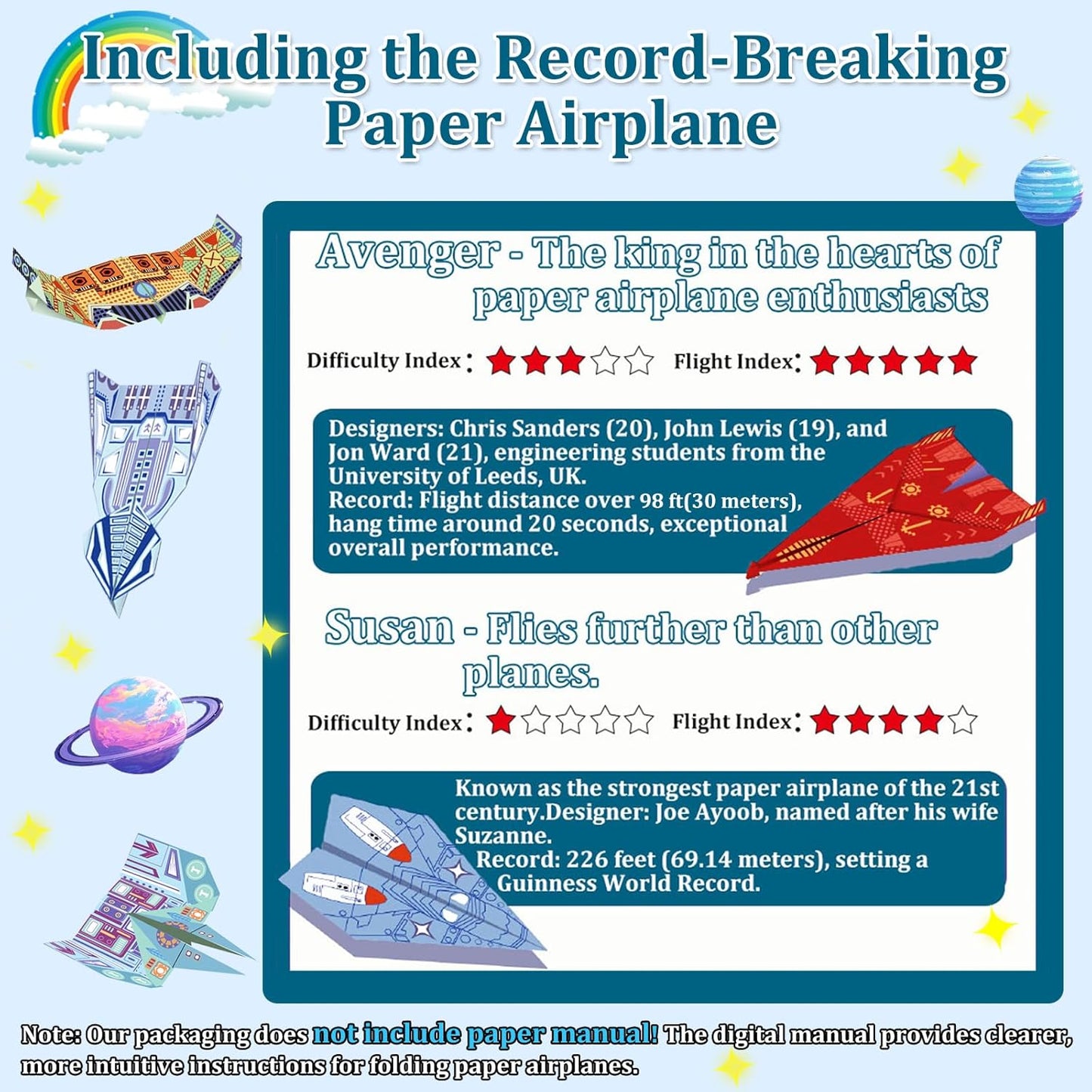 Paper Airplane Kits with 16 Classic Designs, 32 Sheets of Colorful Origami Paper, World Record Paper Planes, Airplane Gifts for Boys and Girls Ages 6-12+ (Digital Manual Only, Fun and Easy to Fold) - Crafty Corner