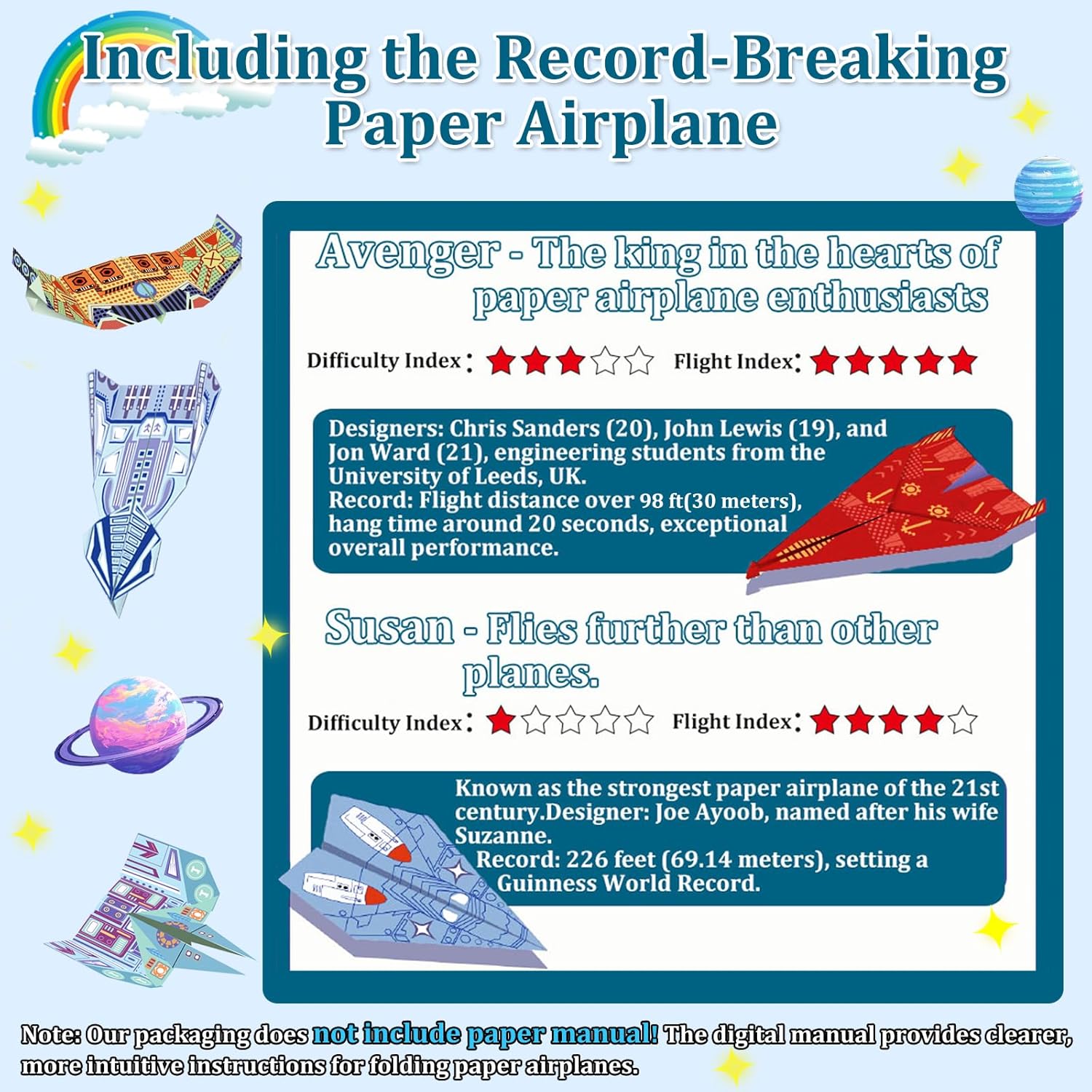Paper Airplane Kits with 16 Classic Designs, 32 Sheets of Colorful Origami Paper, World Record Paper Planes, Airplane Gifts for Boys and Girls Ages 6-12+ (Digital Manual Only, Fun and Easy to Fold) - Crafty Corner