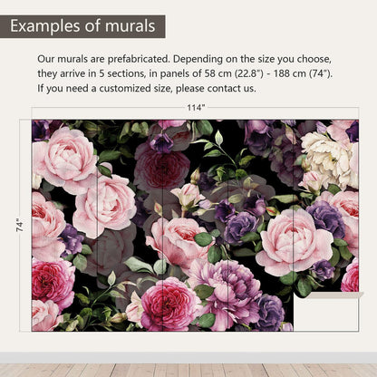 AFZEVEB-Black Watercolor Purple Peony Flower Wallpaper Wall murals for Bedroom 114"x74"(Not Peel and Stick)