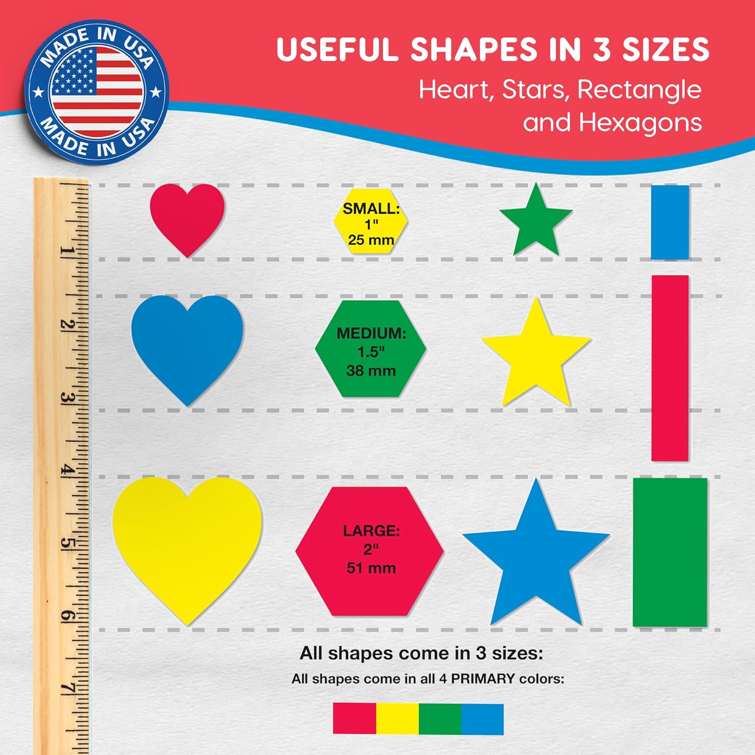 Basic Shapes 2: Hearts, Stars, Hexagons, Rectangles, 696 Pieces US Made Card Stock Punch Out Geometric Shapes in 3 Sizes and 4 Primary Colors for Math, Pattern Play and DIY Crafting - Crafty Corner