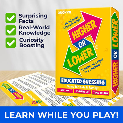 QUOKKA Trivia Board Games for Kids and Adults - Version V2.0 - Family Night Board Game 4xSet Higher or Lower Trivia Cards | Guess Fun Questions | 2 + Players - Challenge Your General Knowledge