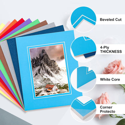 HOTUO 10 Pack 8x10 Mixed Colors Picture Mats, 4 Ply Thickness Frame Mattes for 5x7 Photo, Photo Mat with Core Bevel Cut, for Frames/Artwork/Print/Picture