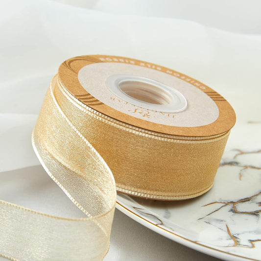 1 Inch Wide Sheer Chiffon Ribbon - Pearl Silk Woven Ribbon Suitable for Gift Wrapping, Wedding Decor, Home Decor, Girl Hair Accessories Handmade DIY (25 Yards/roll) (Champagne) - Crafty Corner