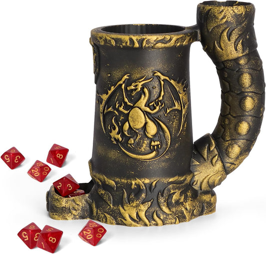 Mug Dice Tower - Dice Rolling Tower,(7PCS D20 Dice Set Included) for DND Gift and Dungeons and Dragon, Tabletop Games, Drink Holder, Tavern Style Board Game Roller (Gold)