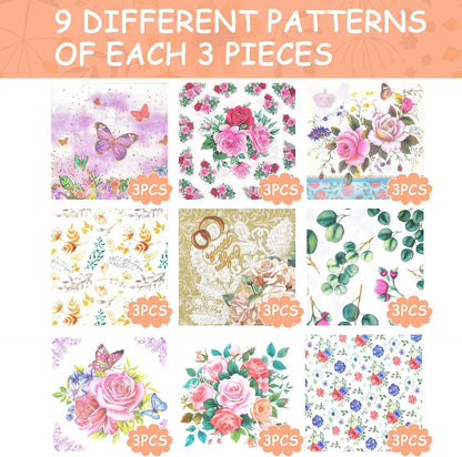 Decoupage Napkins Assorted Floral 27 Pack 9 Styles for DIY Crafting Birthday Party ， Decorative Decoupage Napkins Cocktail Paper ，Each Unfolded 13 Inch (Colorful Floral)