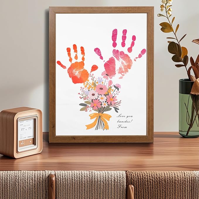 Bixinyo Flower Bouquet Handprint Kit, Mother's Day for Grandma, Mom, Grandparents from Daughter/Kids, Unique Gifts for Birthday Christmas, DIY Art Craft 12" X 16" Frame (Bow, Teak)