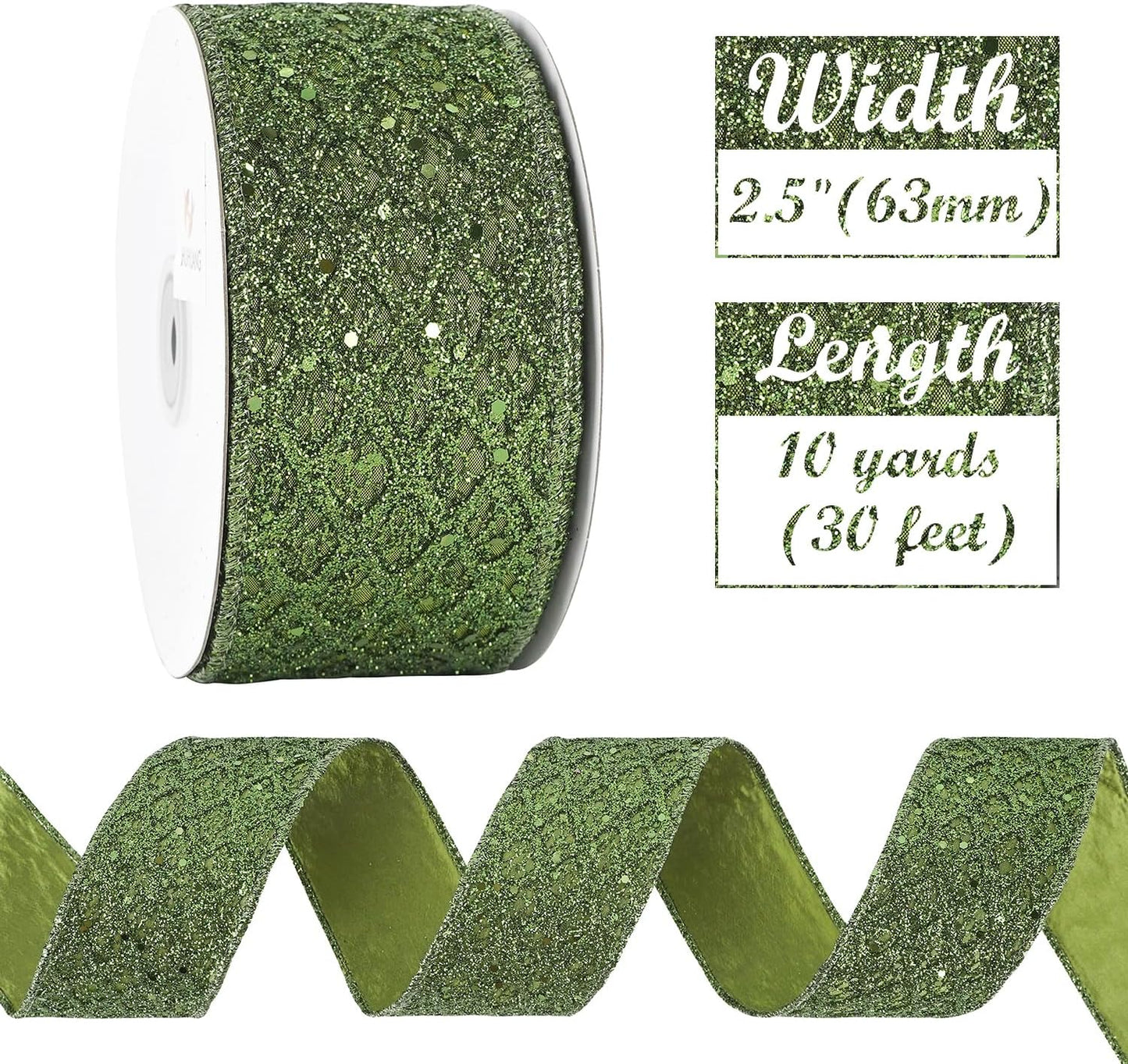 HUIHUANG Moss Green Wired Ribbon for Christmas Tree 2.5 inch Glitter Moss Diamond Mesh Ribbon for Tree Decoration, Wreaths, Garland, Gift Wrapping, Bows Making, Thanksgiving Decor -10 Yards - Crafty Corner