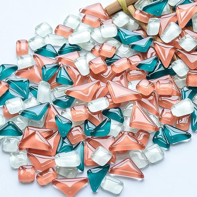 Mosaic Tiles - Glass Square Triangle Rectangle Bulk Mosaic Tile Assortment - Irregular Size Mixed Colors Glass Tile - 200g Craft and Backsplash Tile (Orange Green White Mix)
