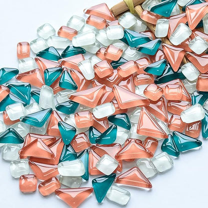 Mosaic Tiles - Glass Square Triangle Rectangle Bulk Mosaic Tile Assortment - Irregular Size Mixed Colors Glass Tile - 200g Craft and Backsplash Tile (Orange Green White Mix)