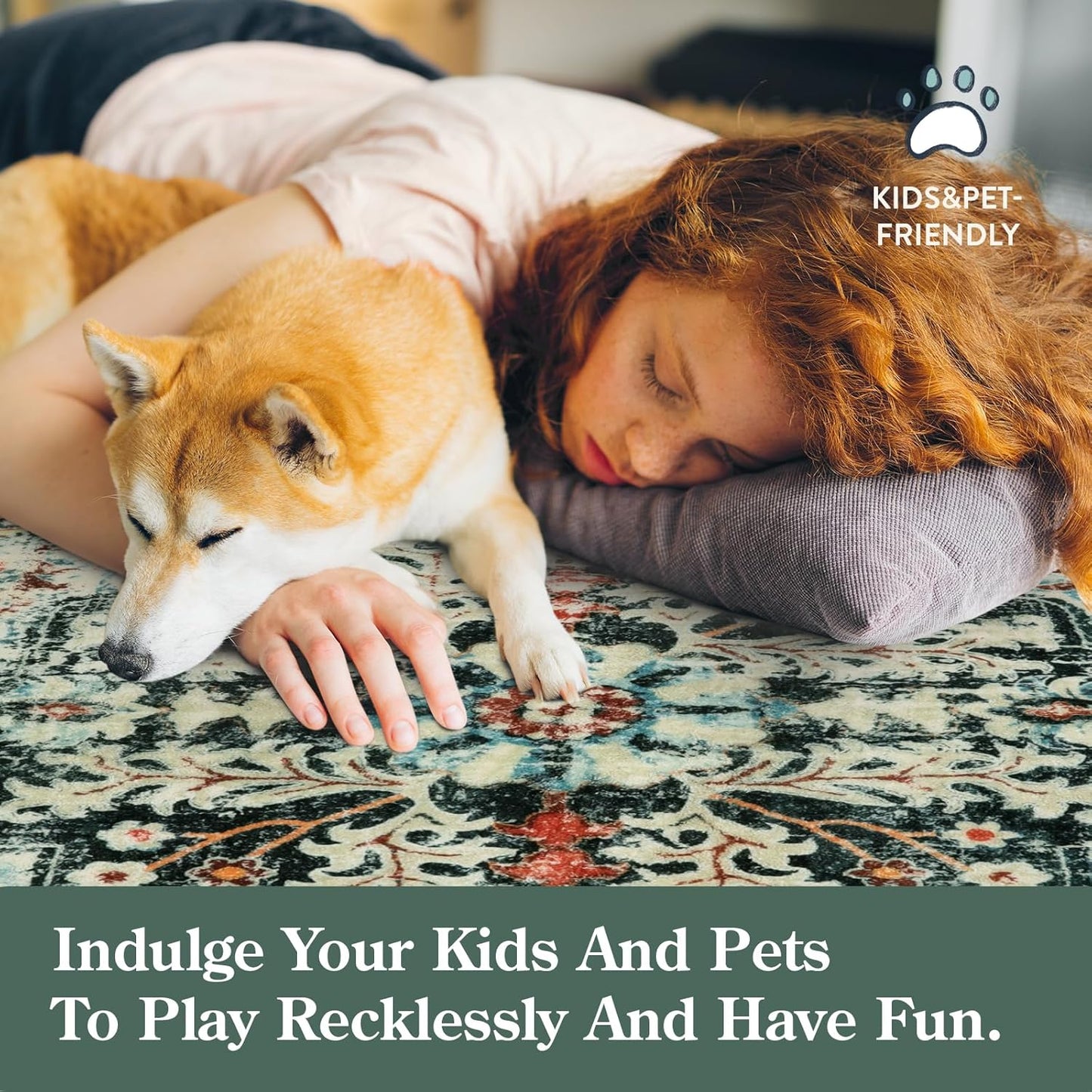 Lahome Boho 8x10 Rugs for Living Room, Teal Washable Rugs for Bedroom Aesthetic Large Dining Room Rug, Large Bohemian Printed Non-Slip Low Pile Throw Playroom Carpet for Kids Room Nursery Office