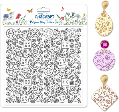 CHGCRAFT Button Pattern Polymer Clay Texture Sheets Heart Graphic Geometric Silicone Texture Stamp Clay Texture Mat Modeling Pattern Pad Sheets for Jewelry and Earrings Tools, 5.5x5.5 inch