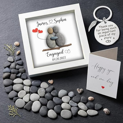 Personalized Engagement Pebble Art Frame for Couple, Custom Names and Date Engaged Sign with Keychain & Card, Newly Engaged Gift Idea, Romantic Engagement Gift Keepsake, Anniversary Couple Décor