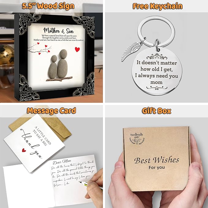 Mom Birthday Gifts from Son, 5.5" Pebble Art Frame Mother and Son Plaque, Mother Engraved Keychain for Women, Thank You Card, Best Mom Ever Gifts, Valentines Day Mothers Day Present S16-55
