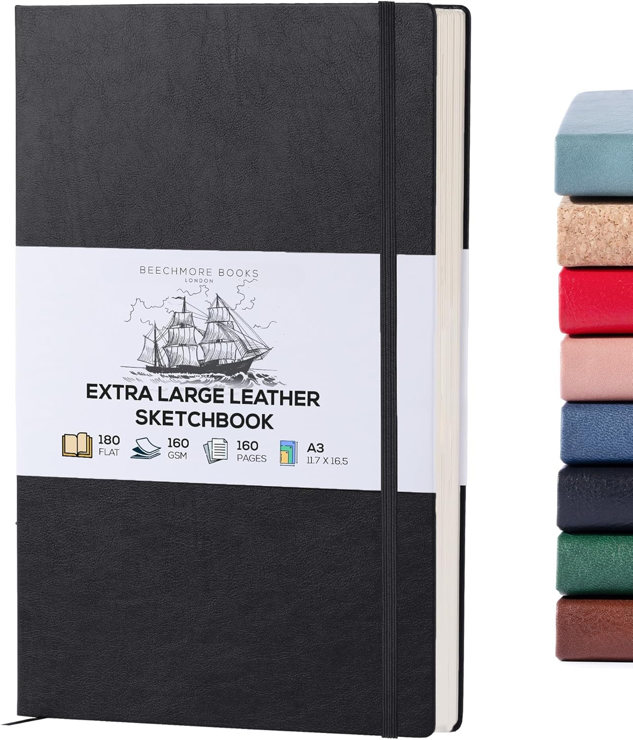 Beechmore Books A3 Sketchbook – 11.7x16.5 Premium Vegan Leather Bound Extra Large Sketch Book Hardcover, 160gsm 160 Perforated Ivory Pages, Blank Sketch Pad, Gift Boxed, Back Pocket, Ribbon Bookmark - Crafty Corner