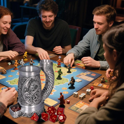 Dice Tower Mug, Dice Rolling Tower, Comes with 7 PCS Dice Set, Suitable for DND Dungeons and Dragons, Tabletop Games, Available As Drink Holder, D&D Gifts, DND Accessories (Silver-Dragon)
