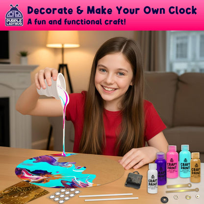 Acrylic Pouring Paint DIY Clock Kit - Creative Kids Painting Kit - 6 7 8 9 10 11 12 Year Old Girl Gift Ideas, Birthday & Christmas Gifts for 6-12 Year Old Boys & Girls - Crafts for Kids 6-8 8-12 - Crafty Corner