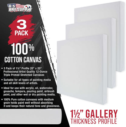 U.S. Art Supply Large Stretched Canvas for Painting 20x20 inch Gallery Depth 1-1/2" Thick, 3-Pack - 12oz Acrylic Gesso Triple Primed, Professional Artist Quality, 100% Cotton - Oil, Pouring Paint