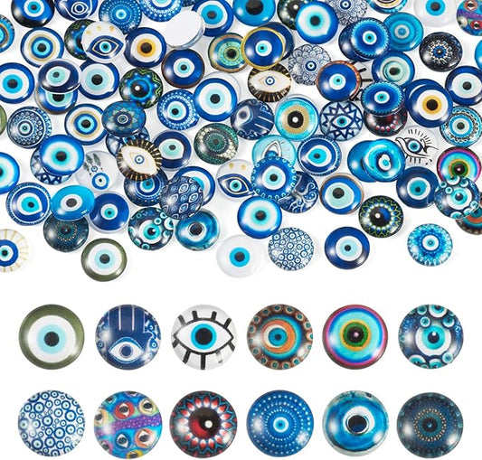 Craftora 100Pcs 12mm Transparent Glass Cabochons Mixed Blue Evil Eye Printed Cameo Dome Tiles Flat Back Glass Covered Dome Tiles for DIY Bracelets Necklace Scrapbooking Art Crafts