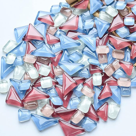 Irregular Size Glass Mosaics Pieces Stained Glass, Assorted Colors and Square Triangle Rectangle Shapes, 200g (Pink Blue White Mix)