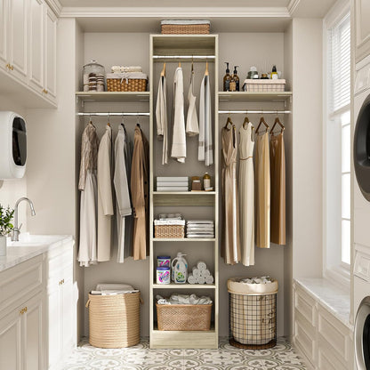 48" Small Closet Organizer, 4FT Small Closet System with 4 Closet Rods & 3 Shelves, 80"H Small Closet Organizers and Storage for Small Bedooms, Cloakrooms, Laundry Rooms, White Oak