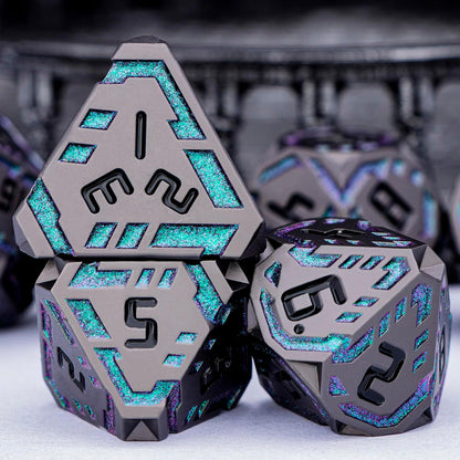 Metal DND Sci-fi Dice Set 7PCS Stripe Polyhedral Dice for Dungeons Dragons RPG Role Playing Game, Glitter D and D Dice with Gift Box D6 D8 D10 D12 D20 (Black&Green Purple)