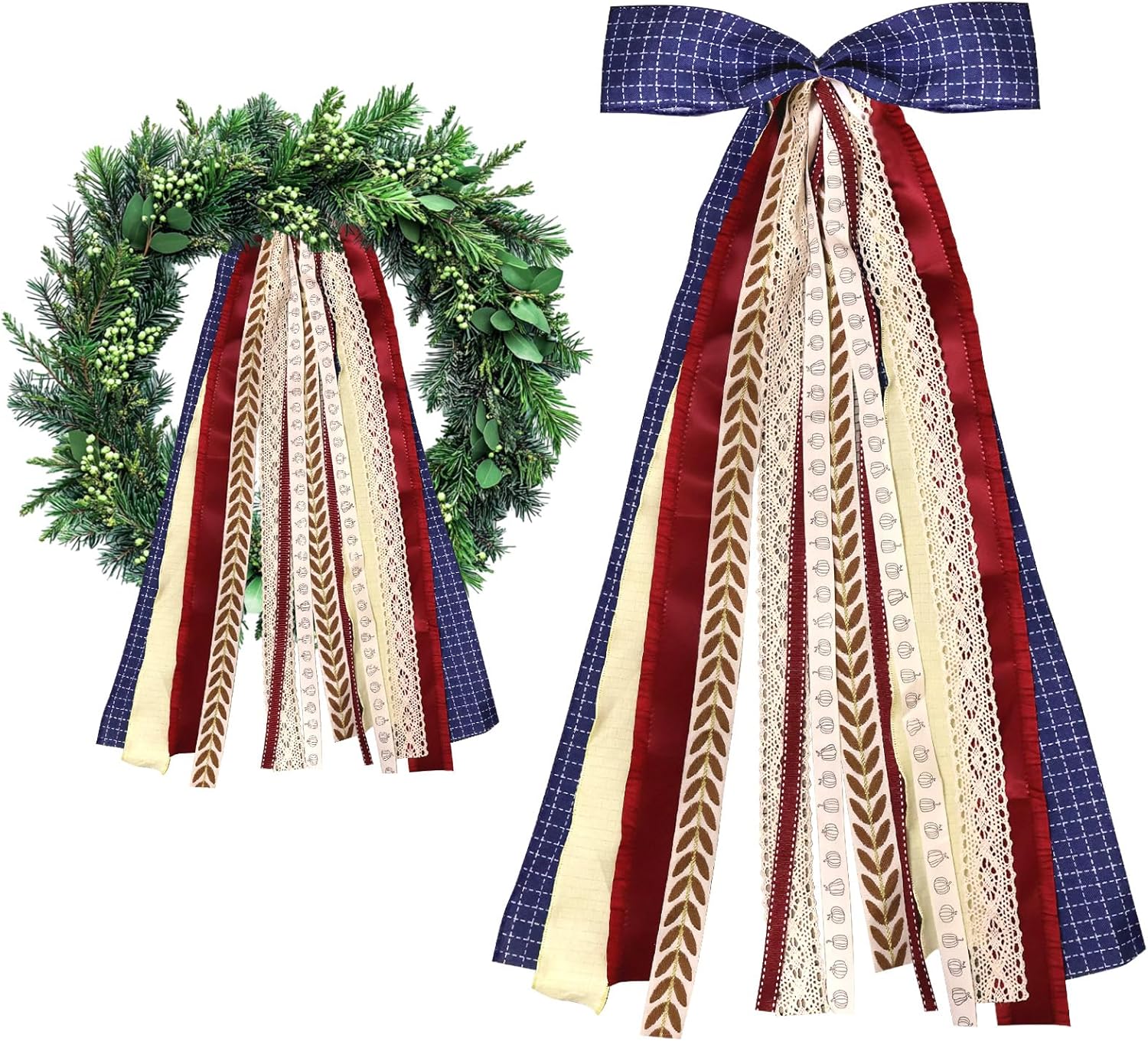 Large Blue Buffalo Plaid Ribbons Bow for Wreath, Red Orange Fall Fabric Ribbons Set Assorted Lace Ribbon Navy Clip-On Wreath Sash Ribbon Bundle for Thanksgiving Home Indoor Outdoor Decor - Crafty Corner
