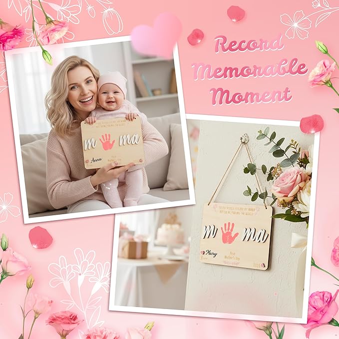 R HORSE 3D First Mother's Day Baby DIY Handprint Hanging Art Sign, Wooden Handprint Art Craft Sign from Baby, First Mothers Day Gift for Mom from Daughter or Son Memory Keepsake Craft Wall Decor