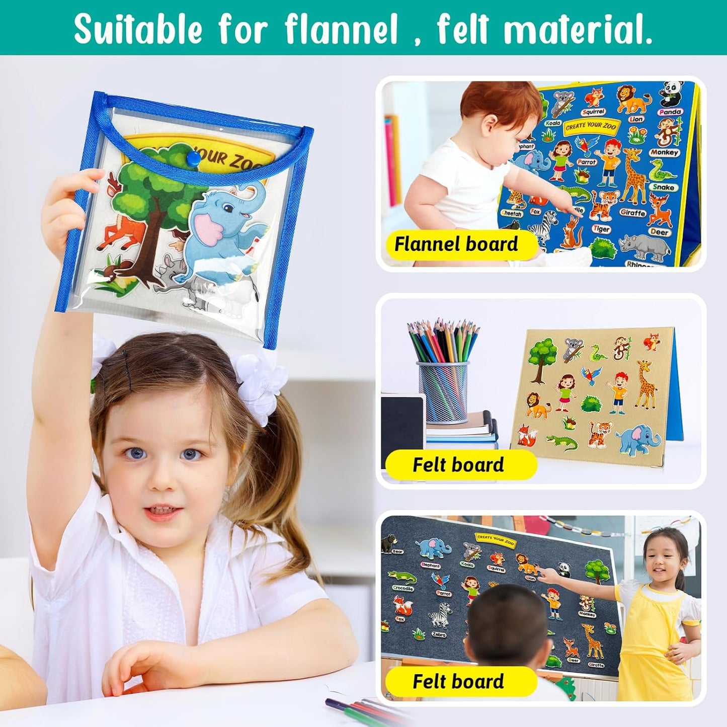 PENGFULL Felt Flannel Board Story Pieces for Toddlers Preschool,Kids Interactive Storytelling Teaching Play Kits for Flannel Board,with Words Felt Pieces(New Zoo)