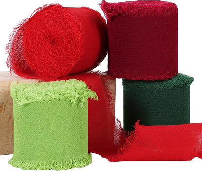 TONIFUL 4 Rolls Silk Chiffon Ribbon 1-1/2 Inch x 22 Yards, Red and Green Handmade Fringe Silk Ribbon Set for Gift Wrapping Flowral Bouquets Crafts Halloween Christmas Wreath Tree and Party Decoration - Crafty Corner