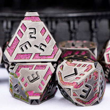 Metal DND Sci-fi Dice Set 7PCS Stripe Polyhedral Dice for Dungeons Dragons RPG Role Playing Game, Glitter D and D Dice with Gift Box D6 D8 D10 D12 D20 (Grey&Purple Red)