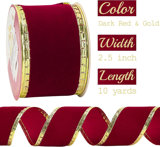 MEEDEE Burgundy Velvet 2.5 Inch Dark Red Christmas Ribbon 10 Yards Wired with Gold Greek Key Edge for Tree Decoration - Crafty Corner