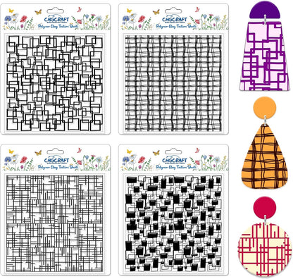 CHGCRAFT 4 Pcs Graffiti Grid Polymer Clay Texture Sheets Abstract Squares Silicone Texture Stamp Seamless Pattern Modeling Pattern Pad Sheets for Jewelry and Earrings Tools, 5.5x5.5 inch