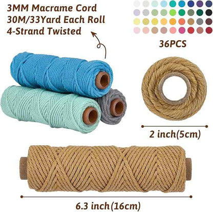 36 Colors Macrame Cord 3mm x 1188 Yards Natural Colored Macrame Supplies 4 Strand Twisted Macrame Kit Cotton Cord Rope Macrame Yarn Twine String for Crafts Wall Hanging Plant Hanger DIY Knitting